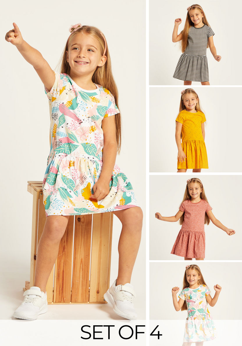 Juniors Printed Round Neck Dress with Short Sleeves - Set of 4-Dresses%2C Gowns and Frocks-image-0