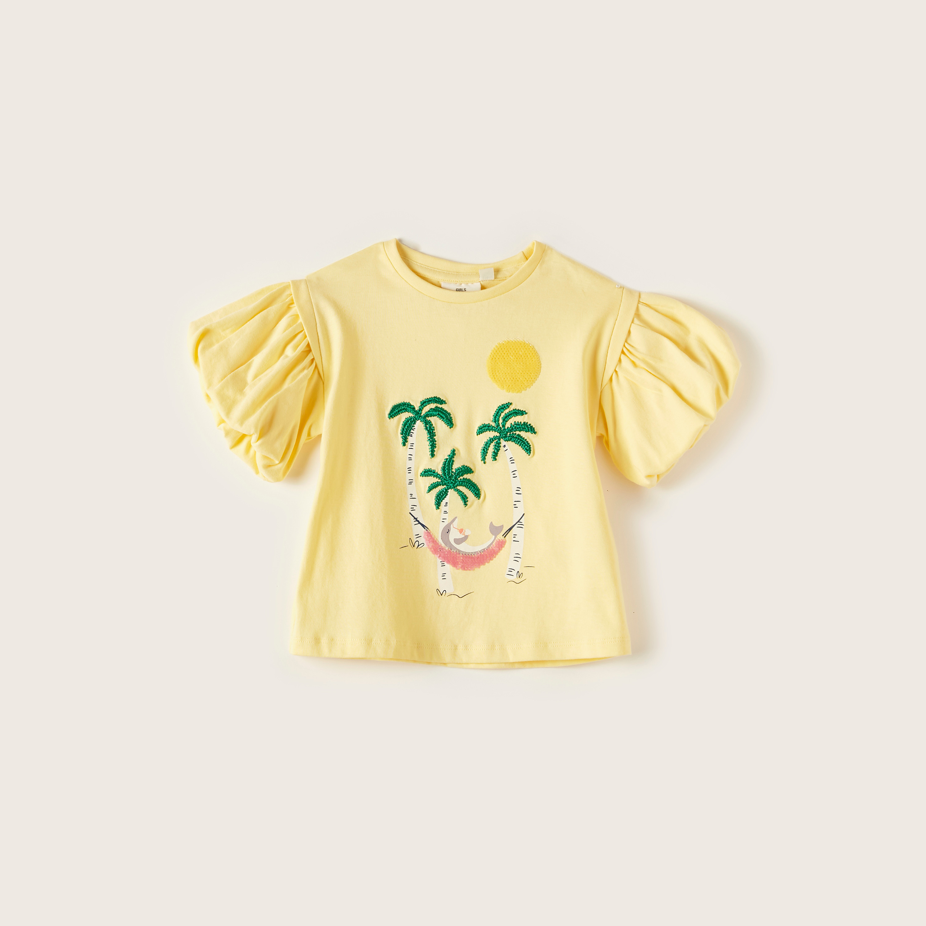 Juniors Embroidered T-shirt with Balloon Sleeves-girls-clothing-schoolwear-tshirts-image-1