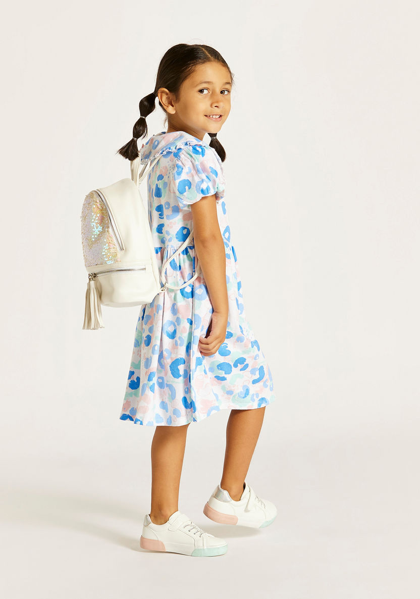 Juniors Printed Dress with Peter Pan Collar and Button Closure-Dresses%2C Gowns and Frocks-image-0