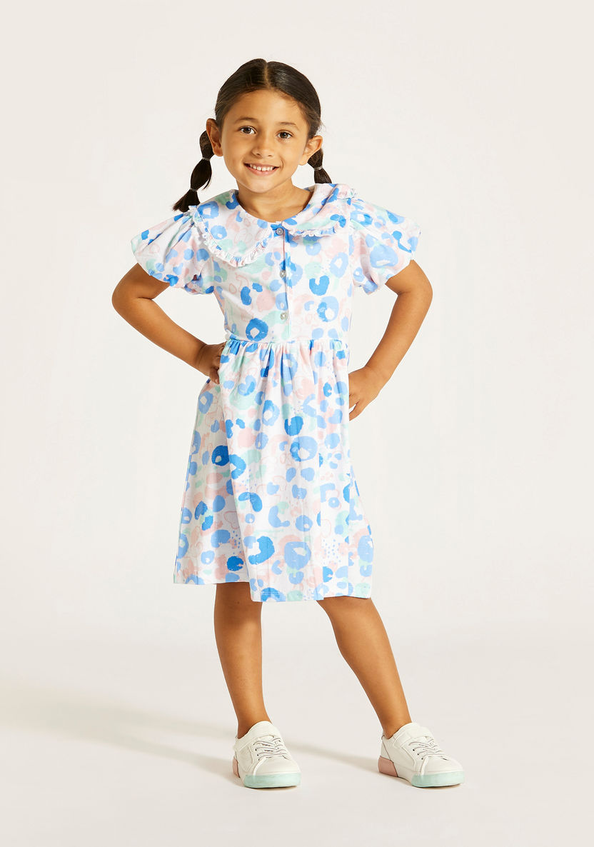 Juniors Printed Dress with Peter Pan Collar and Button Closure-Dresses%2C Gowns and Frocks-image-1