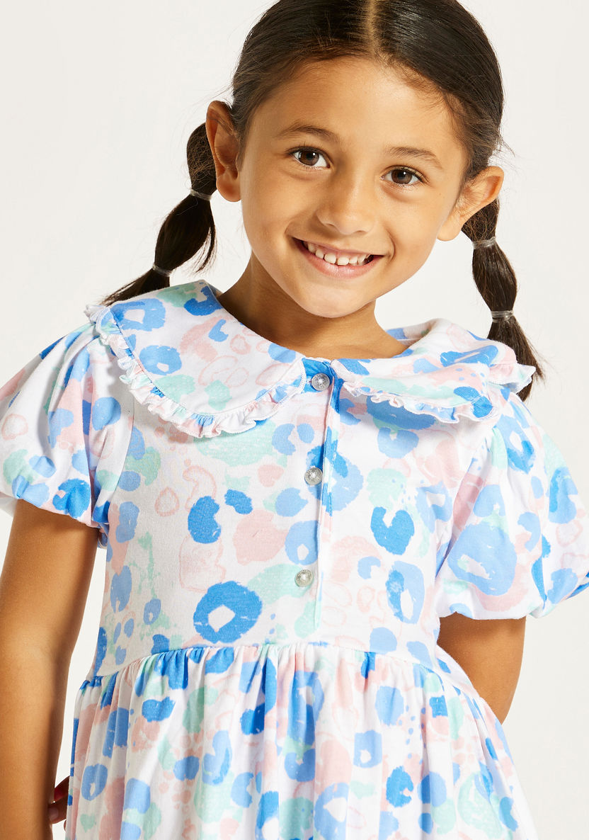 Juniors Printed Dress with Peter Pan Collar and Button Closure-Dresses%2C Gowns and Frocks-image-2