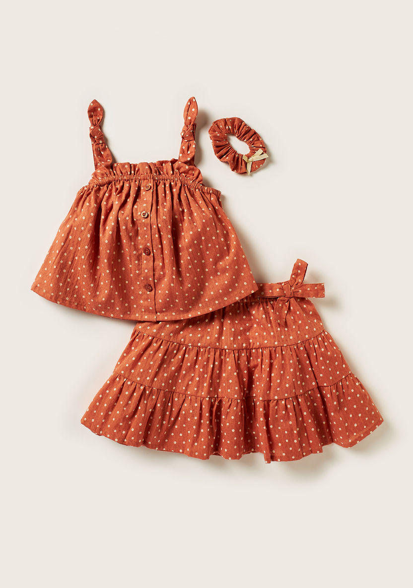 Juniors Polka Print Sleeveless Top with Tiered Skirt and Hair Tie Set-Clothes Sets-image-0