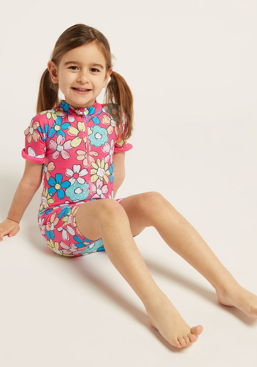 Juniors Floral Print Swimsuit with Short Sleeves-Swimwear-image-0