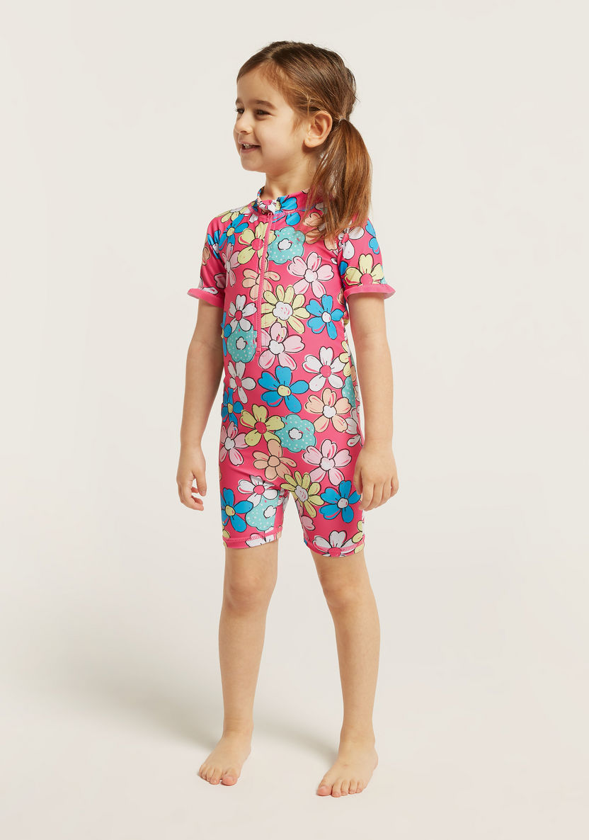 Juniors Floral Print Swimsuit with Short Sleeves-Swimwear-image-1