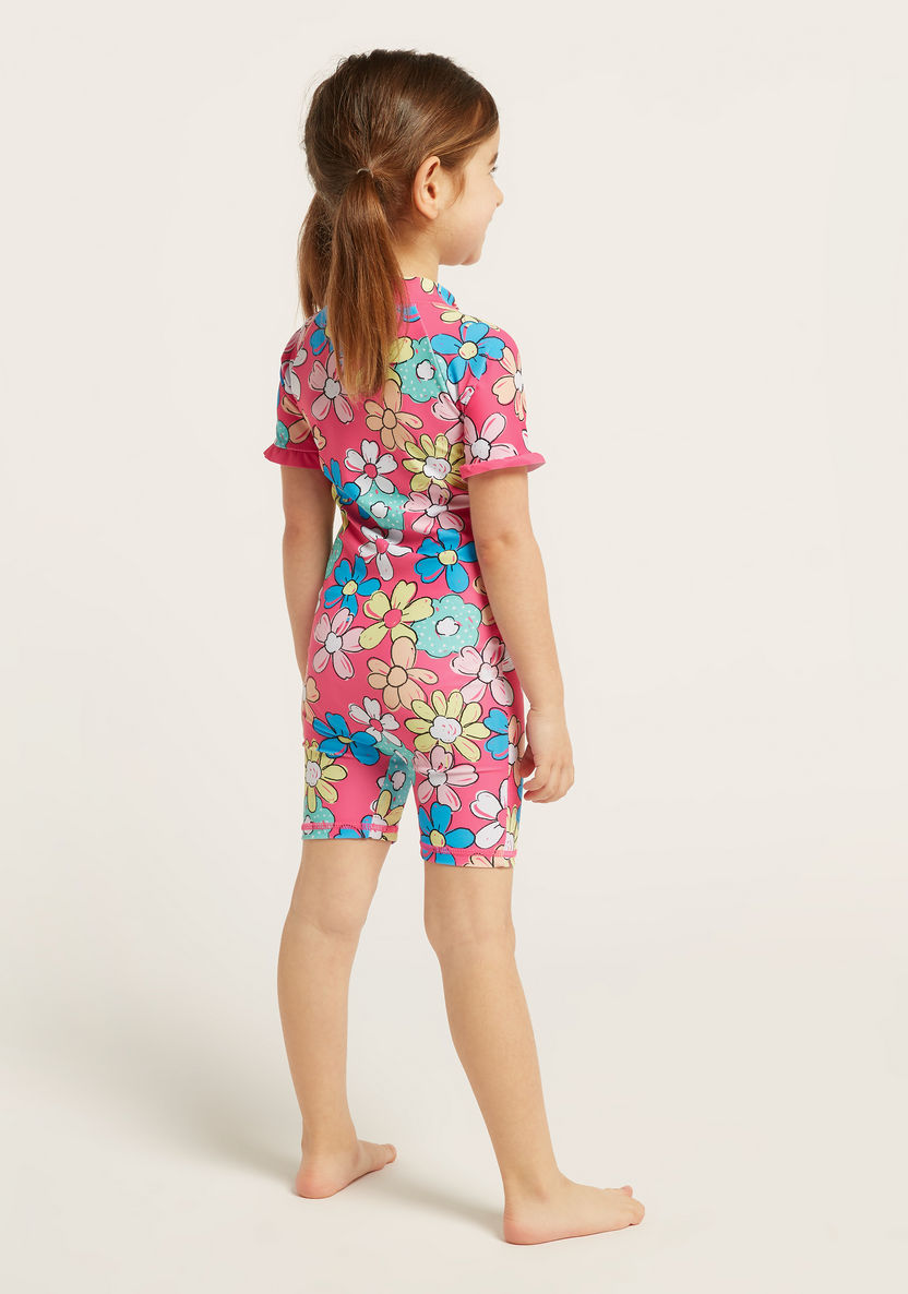 Juniors Floral Print Swimsuit with Short Sleeves-Swimwear-image-3