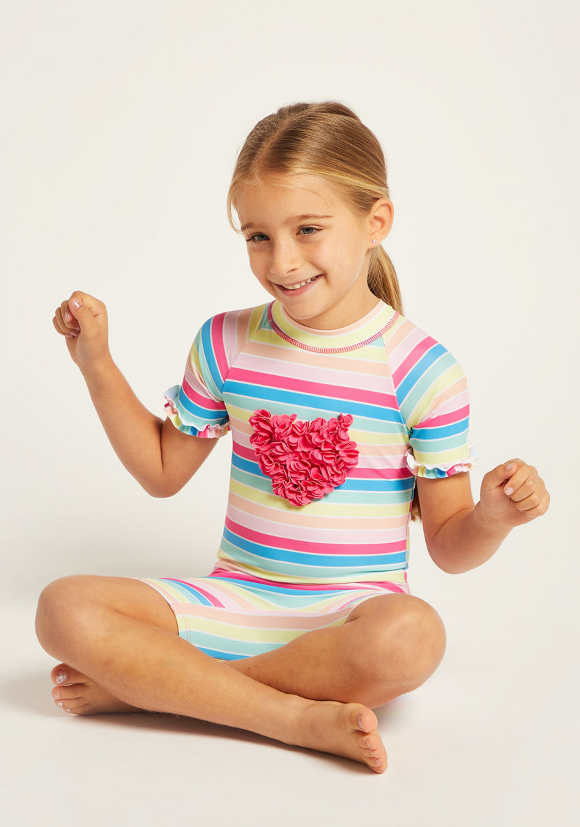 Juniors Striped Swimsuit with Ruffle Detail and Short Sleeves-Swimwear-image-0