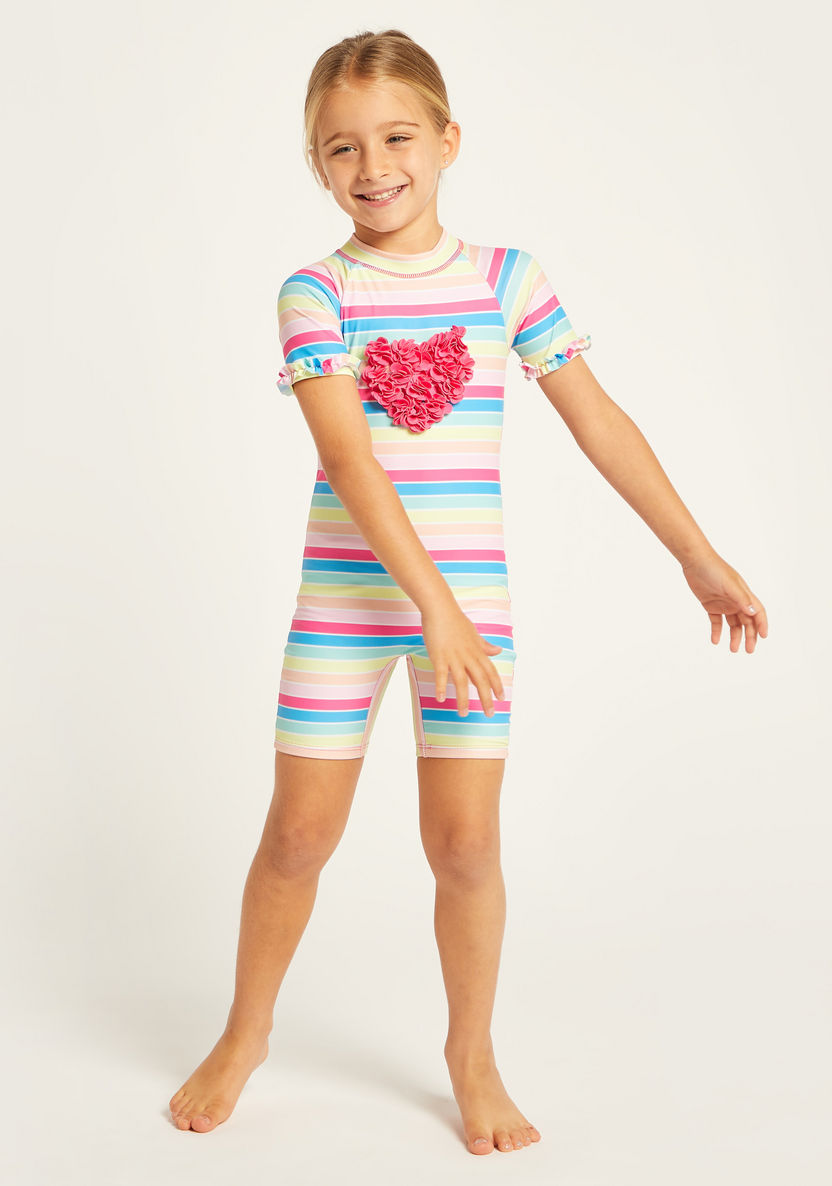 Juniors Striped Swimsuit with Ruffle Detail and Short Sleeves-Swimwear-image-1