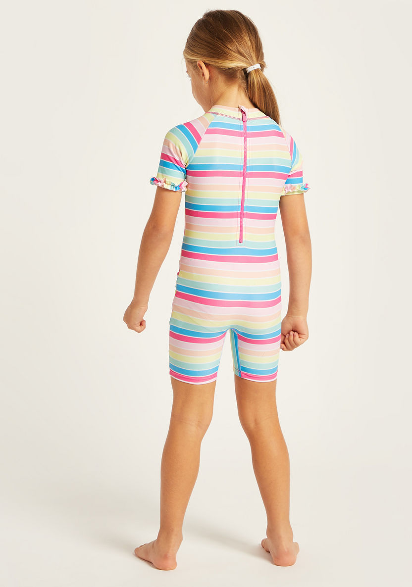 Juniors Striped Swimsuit with Ruffle Detail and Short Sleeves-Swimwear-image-3