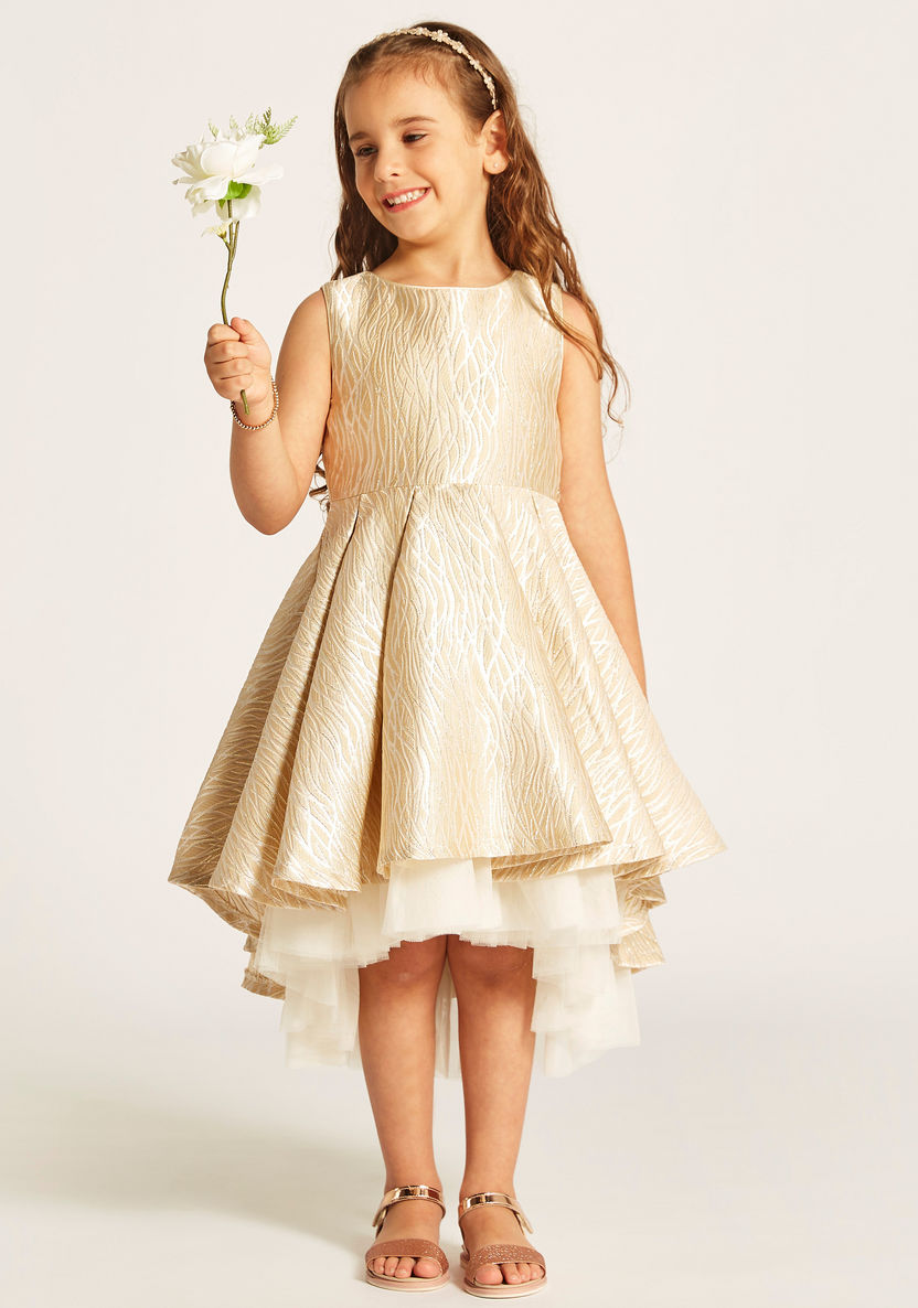 Juniors Textured Sleeveless Dress with Bow Accent and High Low Hem-Dresses%2C Gowns and Frocks-image-0