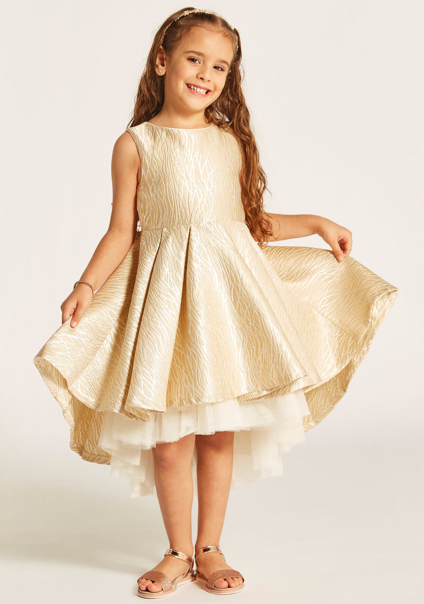Juniors Textured Sleeveless Dress with Bow Accent and High Low Hem-Dresses%2C Gowns and Frocks-image-1