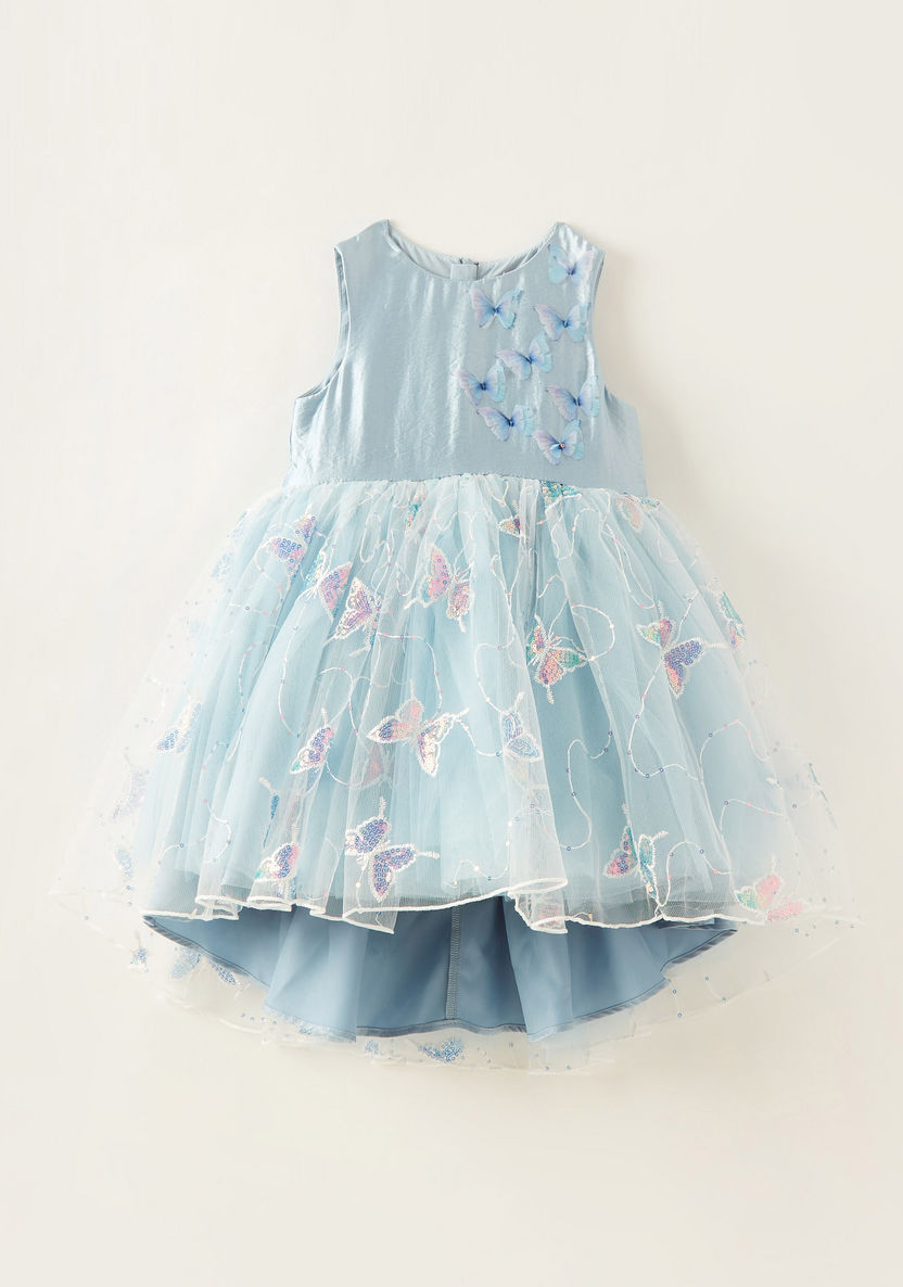 Juniors Butterfly Print Sleeveless Dress with Zip Closure and Mesh Detail-Dresses%2C Gowns and Frocks-image-0