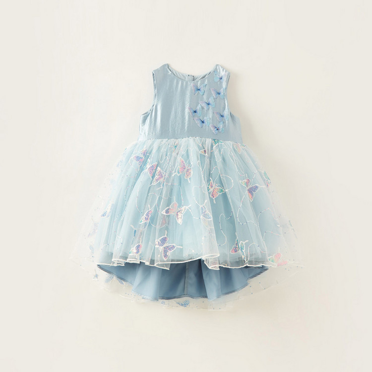 Juniors Butterfly Print Sleeveless Dress with Zip Closure and Mesh Detail