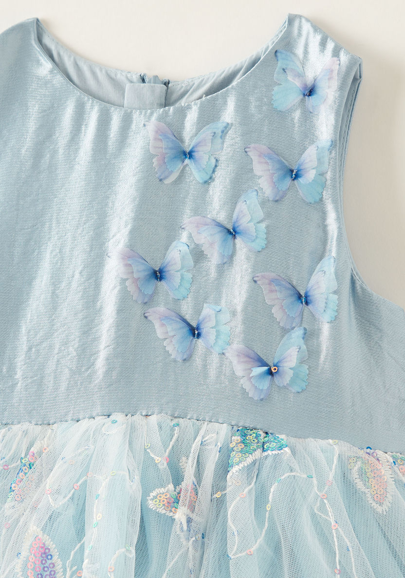 Juniors Butterfly Print Sleeveless Dress with Zip Closure and Mesh Detail-Dresses%2C Gowns and Frocks-image-1