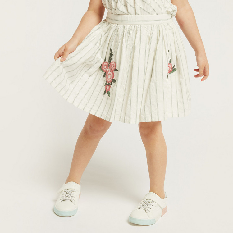 Floral Embroidered Striped Top and Skirt Set
