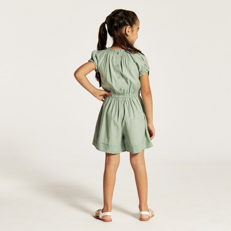 Textured Rompers with Short Sleeves and Button Closure