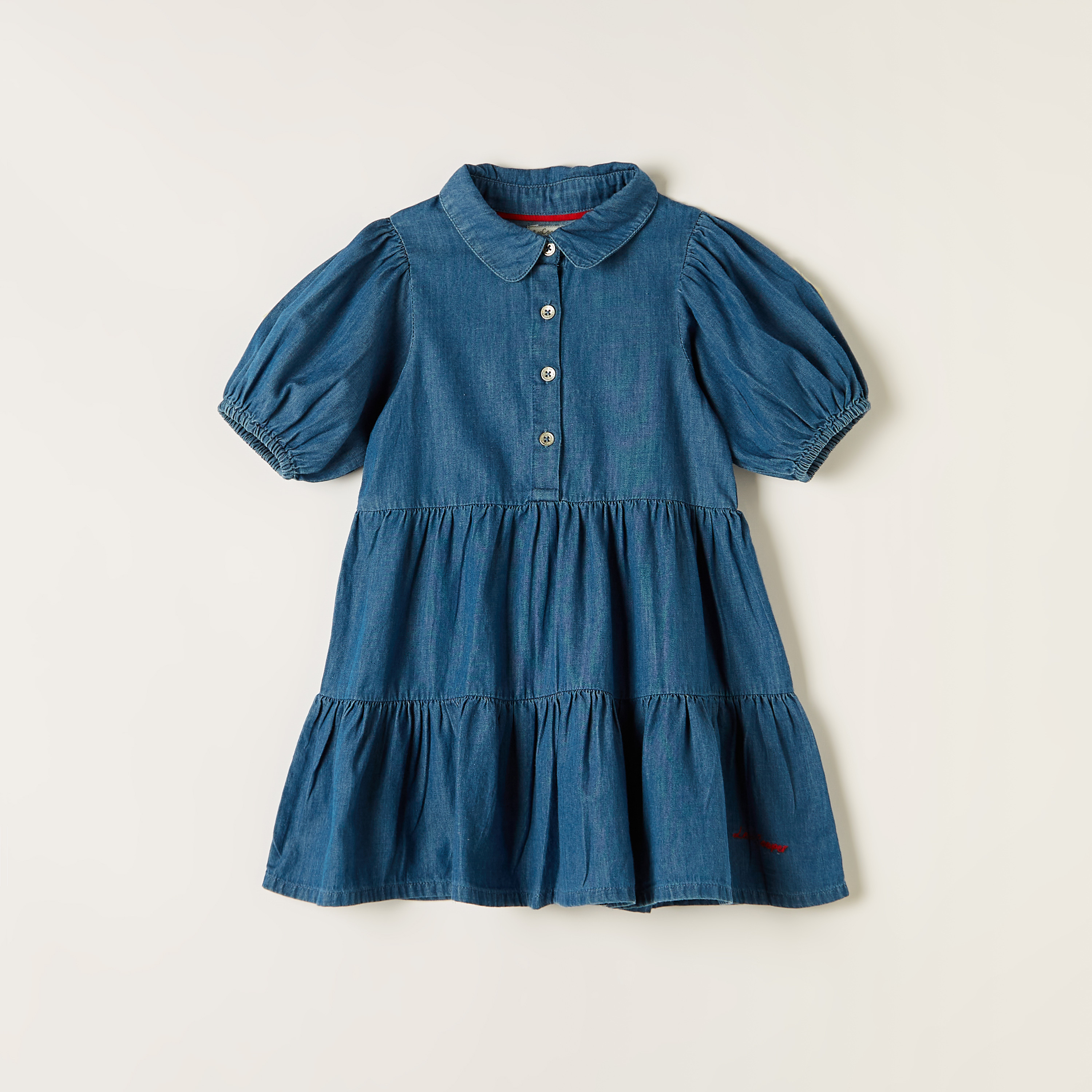 Lee Cooper Solid Tiered Dress with Collared Neck and Puff Sleeves-girls-clothing-dressesandjumpsuits-image-1