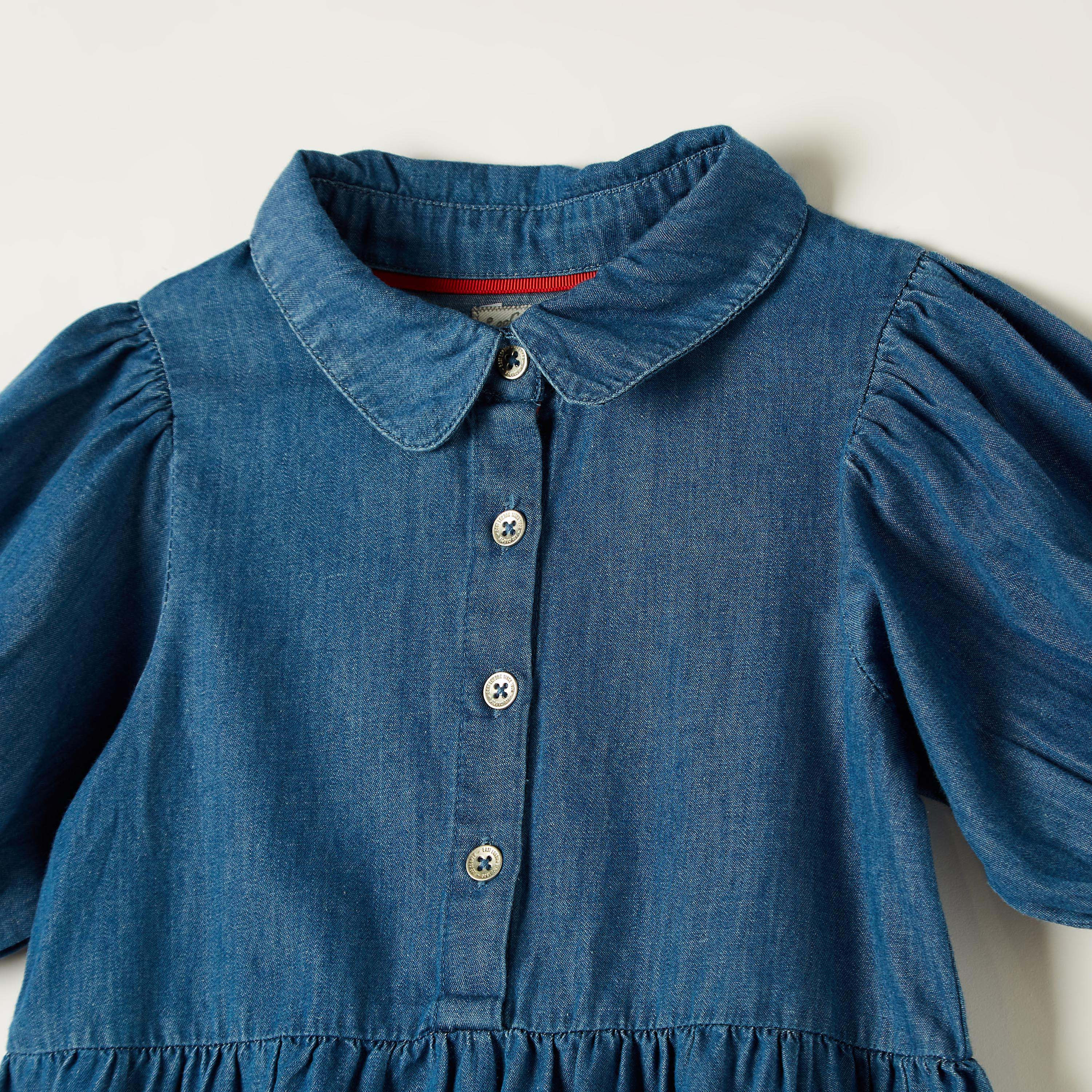 Lee Cooper Solid Tiered Dress with Collared Neck and Puff Sleeves-girls-clothing-dressesandjumpsuits-image-3