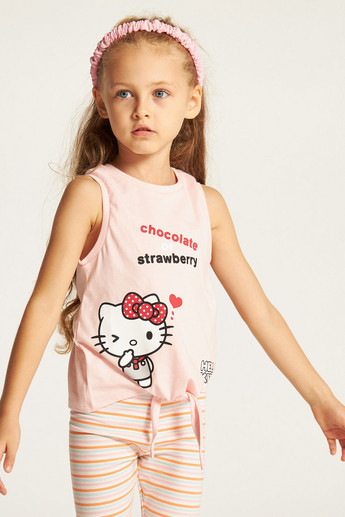 Sanrio Hello Kitty Print Sleeveless T-shirt with Crew Neck and Tie-Up Front