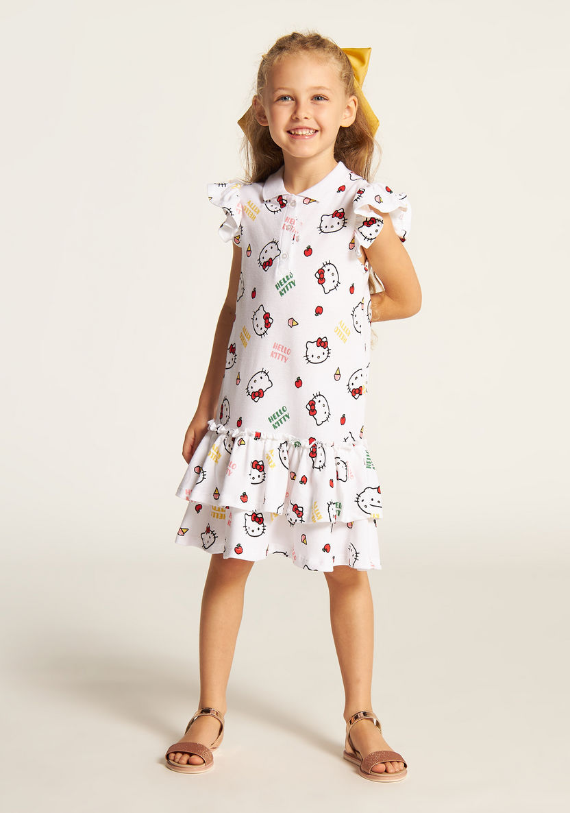 Sanrio Hello Kitty Print Dress with Short Sleeves and Button Closure-Dresses, Gowns & Frocks-image-0