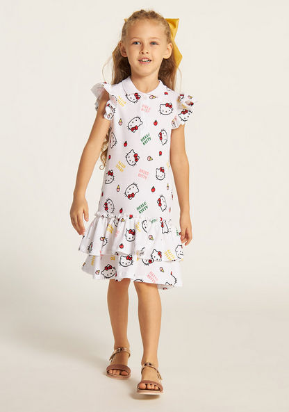 Sanrio Hello Kitty Print Dress with Short Sleeves and Button Closure