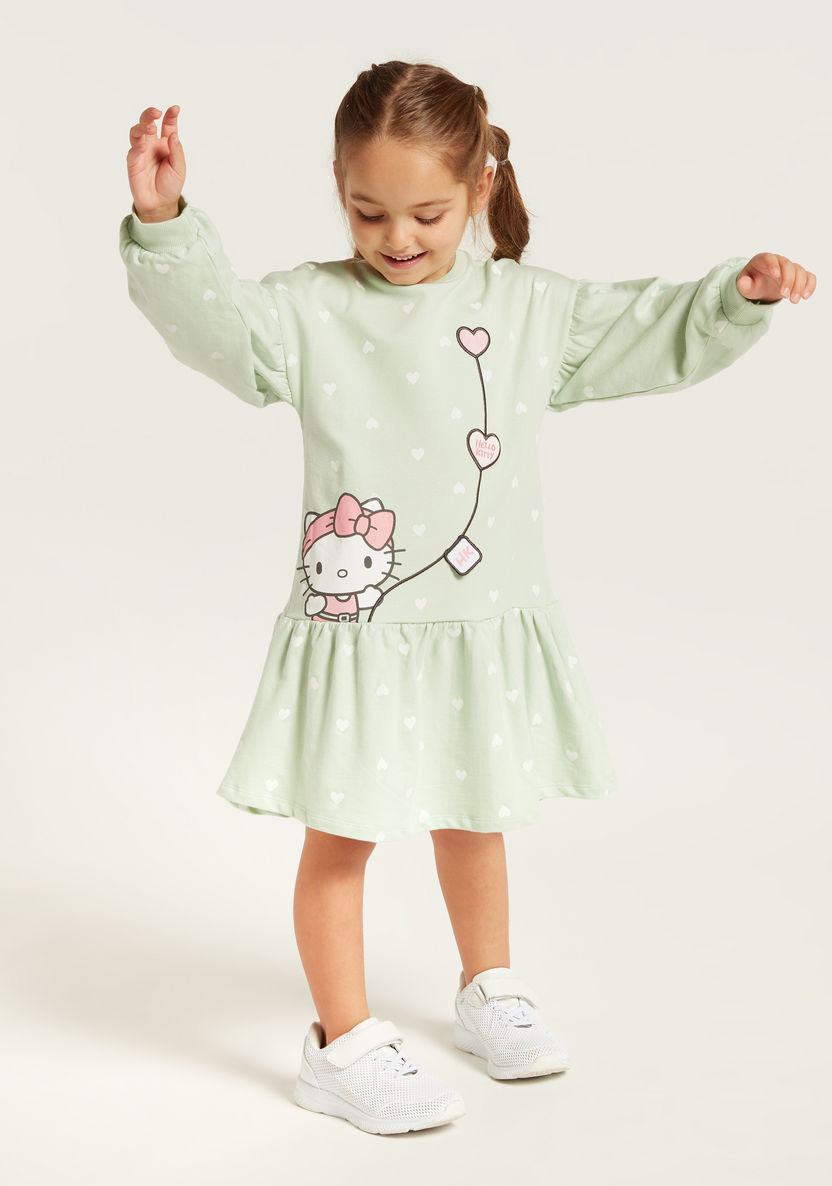 Sanrio Hello Kitty Drop Waist Dress with Round Neck and Long Sleeves-Dresses%2C Gowns and Frocks-image-1
