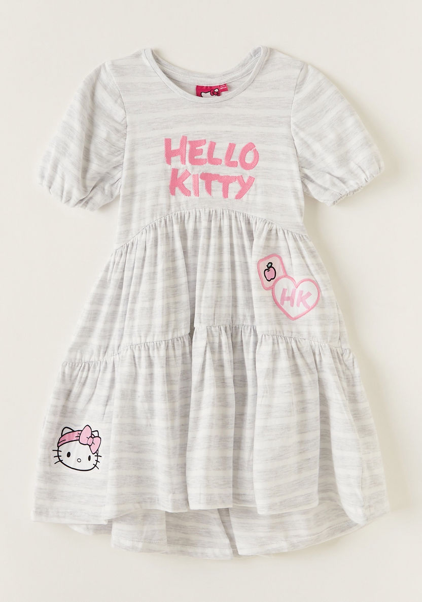 Sanrio Hello Kitty Print Tiered Dress with Short Sleeves-Dresses%2C Gowns and Frocks-image-0