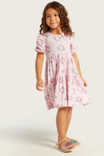 Hello Kitty Print Tiered A-line Dress with Round Neck and Short Sleeves