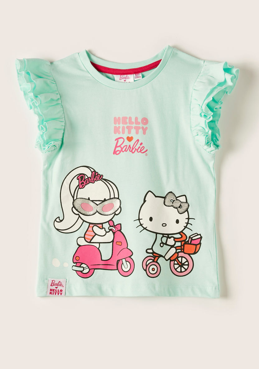 Sanrio Hello Kitty and Barbie Print Round Neck T-shirt with Ruffled Sleeves-T Shirts-image-0