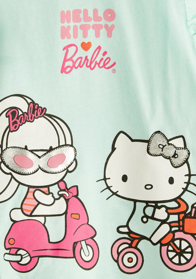Sanrio Hello Kitty and Barbie Print Round Neck T-shirt with Ruffled Sleeves-T Shirts-image-1