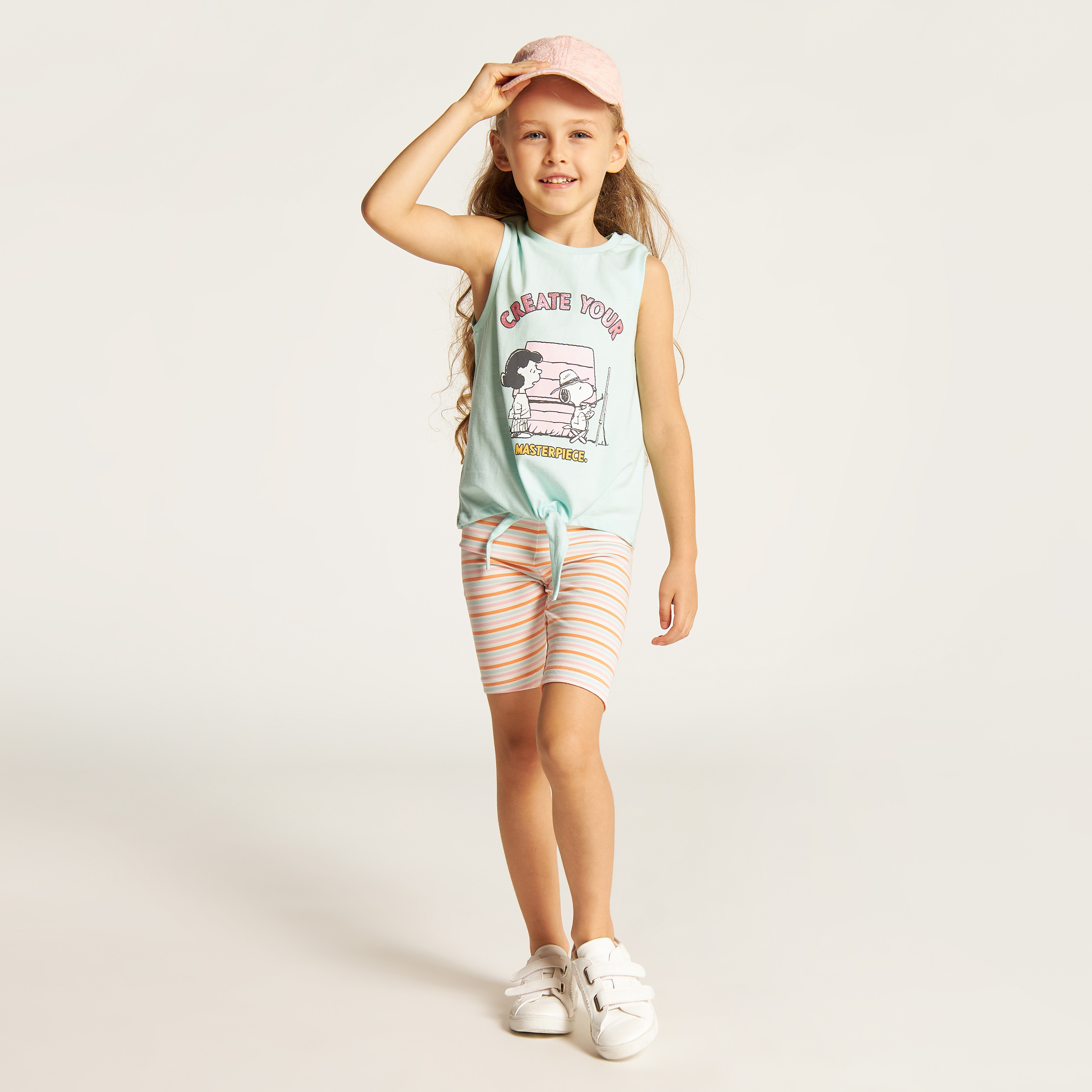 Snoopy Dog Print Sleeveless T-shirt with Knot Detail-girls-clothing-tshirts-image-1