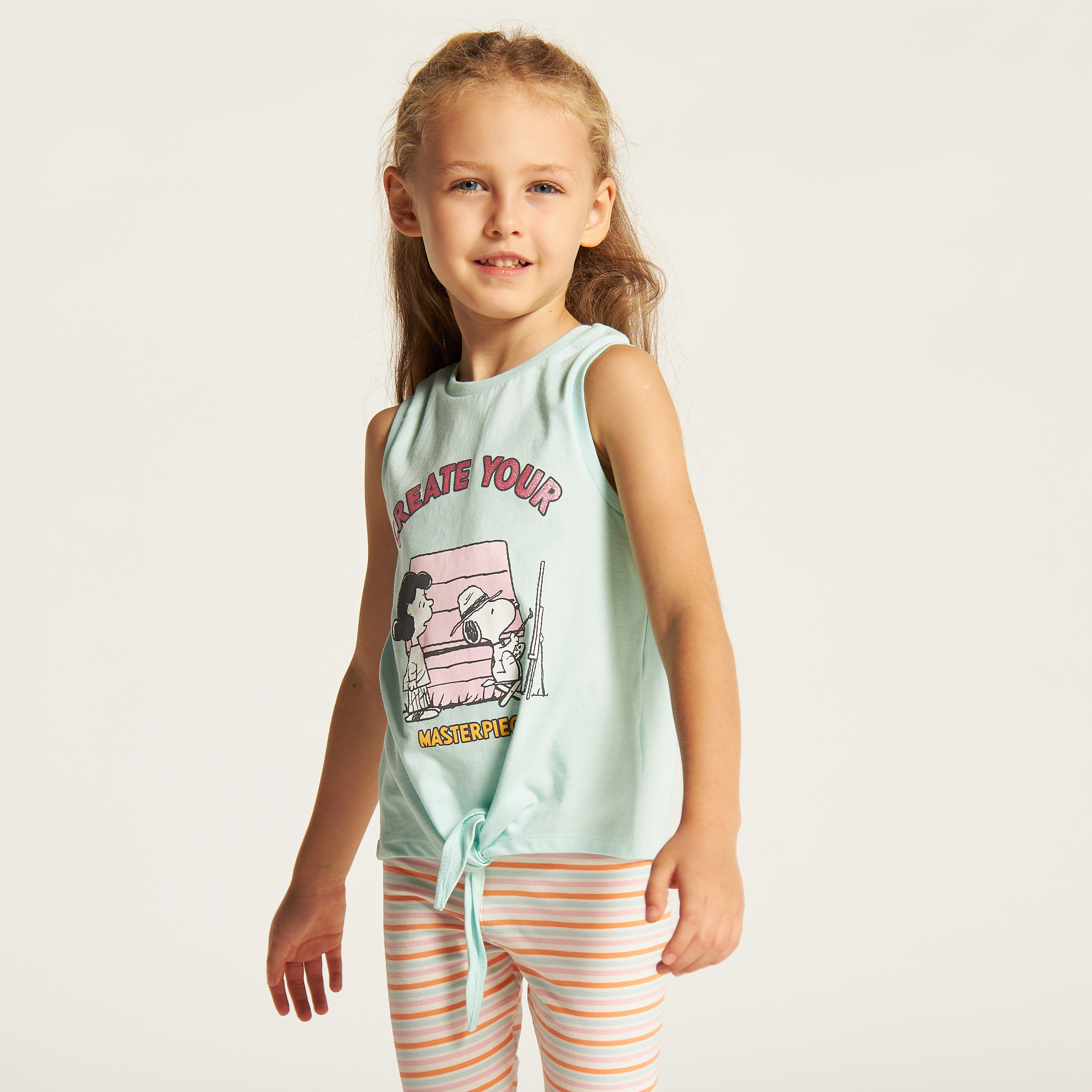 Snoopy Dog Print Sleeveless T-shirt with Knot Detail-girls-clothing-tshirts-image-2