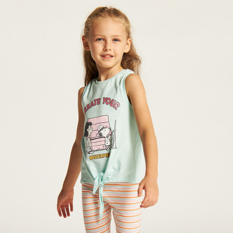 Snoopy Dog Print Sleeveless T-shirt with Knot Detail
