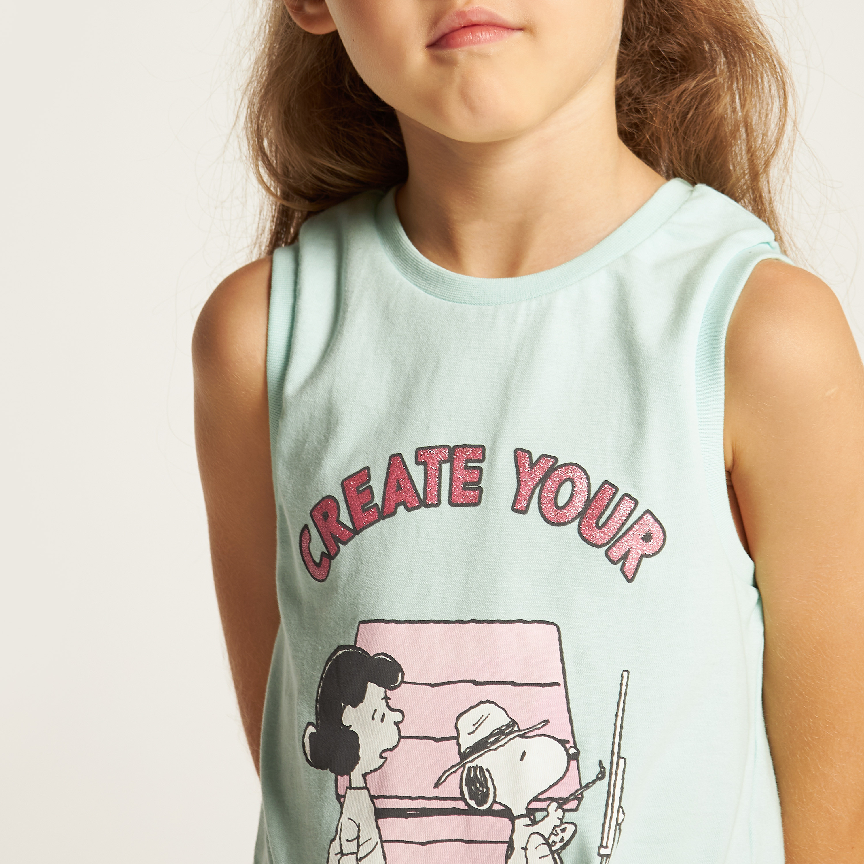 Snoopy Dog Print Sleeveless T-shirt with Knot Detail-girls-clothing-tshirts-image-3