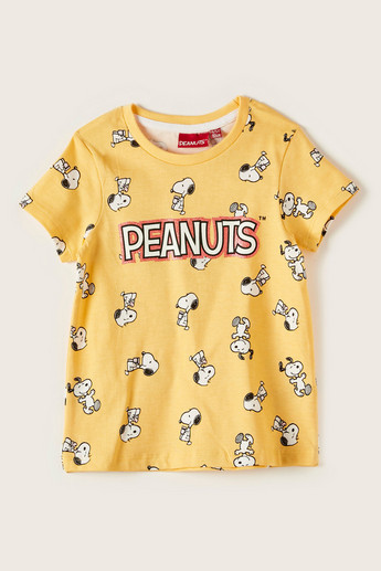 Peanut Print Crew Neck T-shirt with Short Sleeves