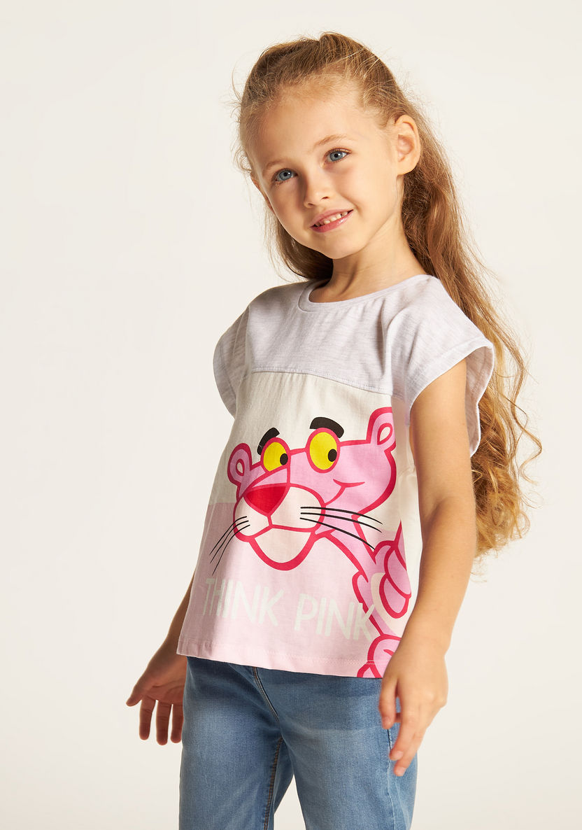 Pink Panther Print T-shirt with Extended Sleeves and Round Neck-T Shirts-image-1