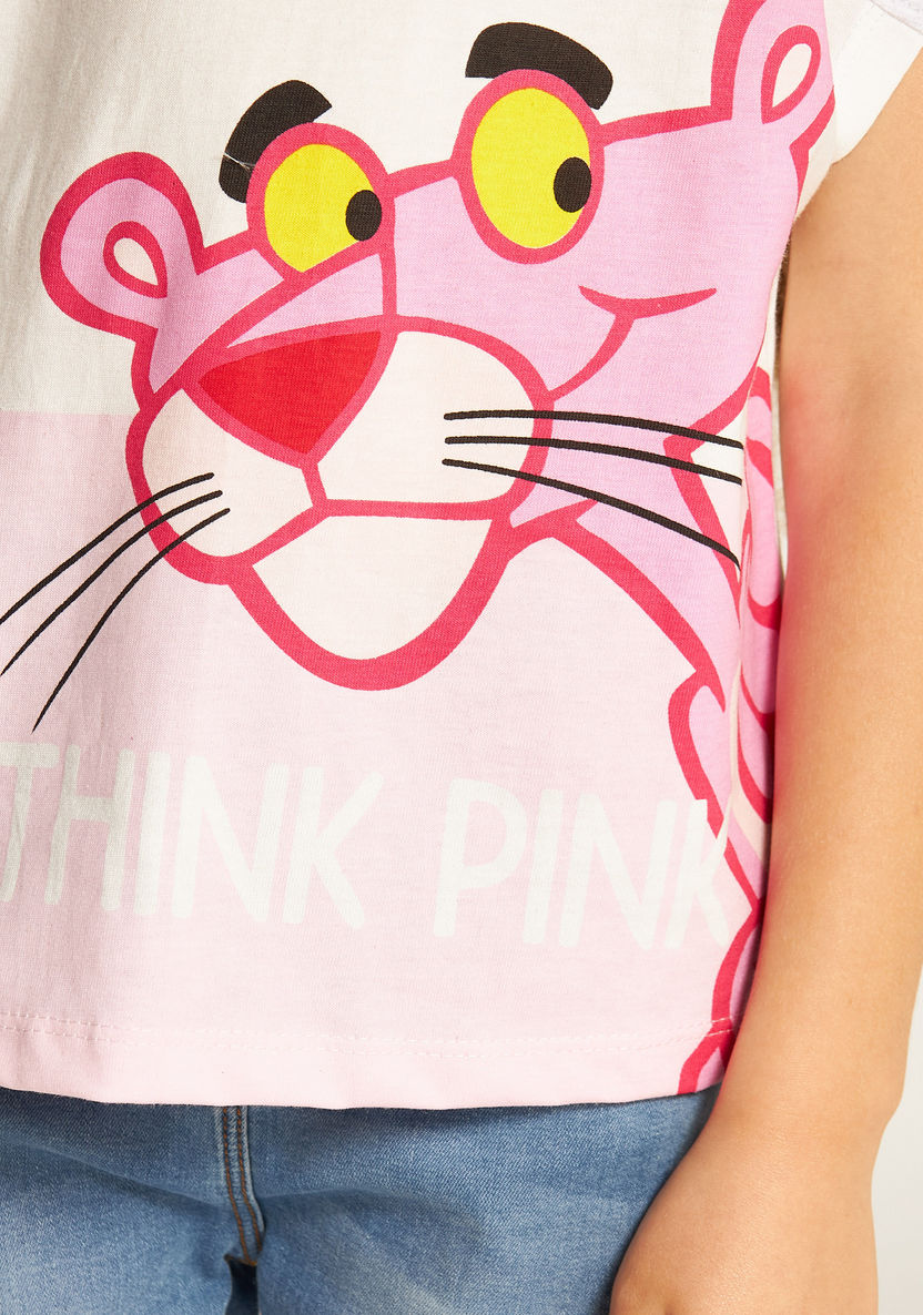 Pink Panther Print T-shirt with Extended Sleeves and Round Neck-T Shirts-image-2