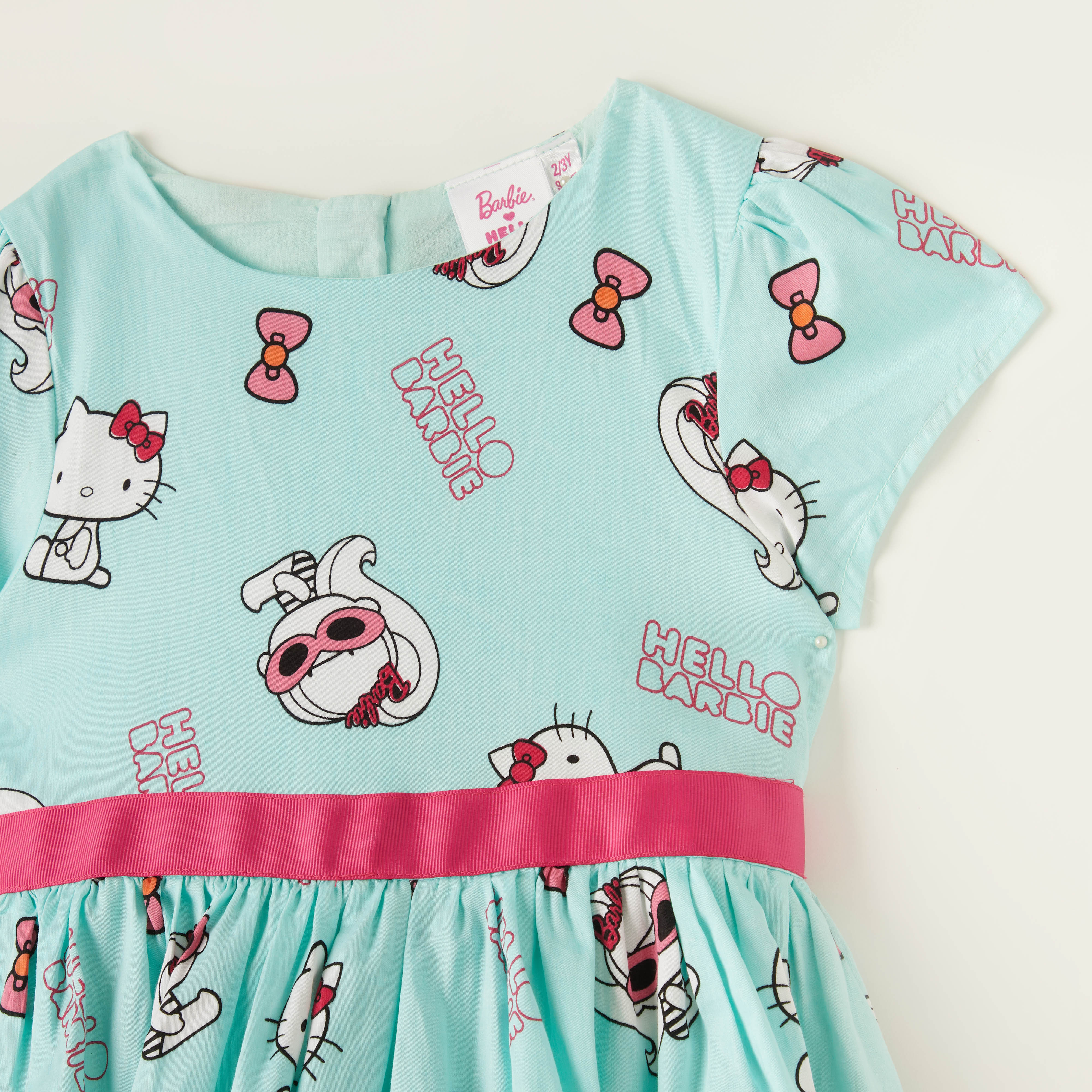 Sanrio Hello Barbie Round Neck A line Dress with Belt Tie Ups