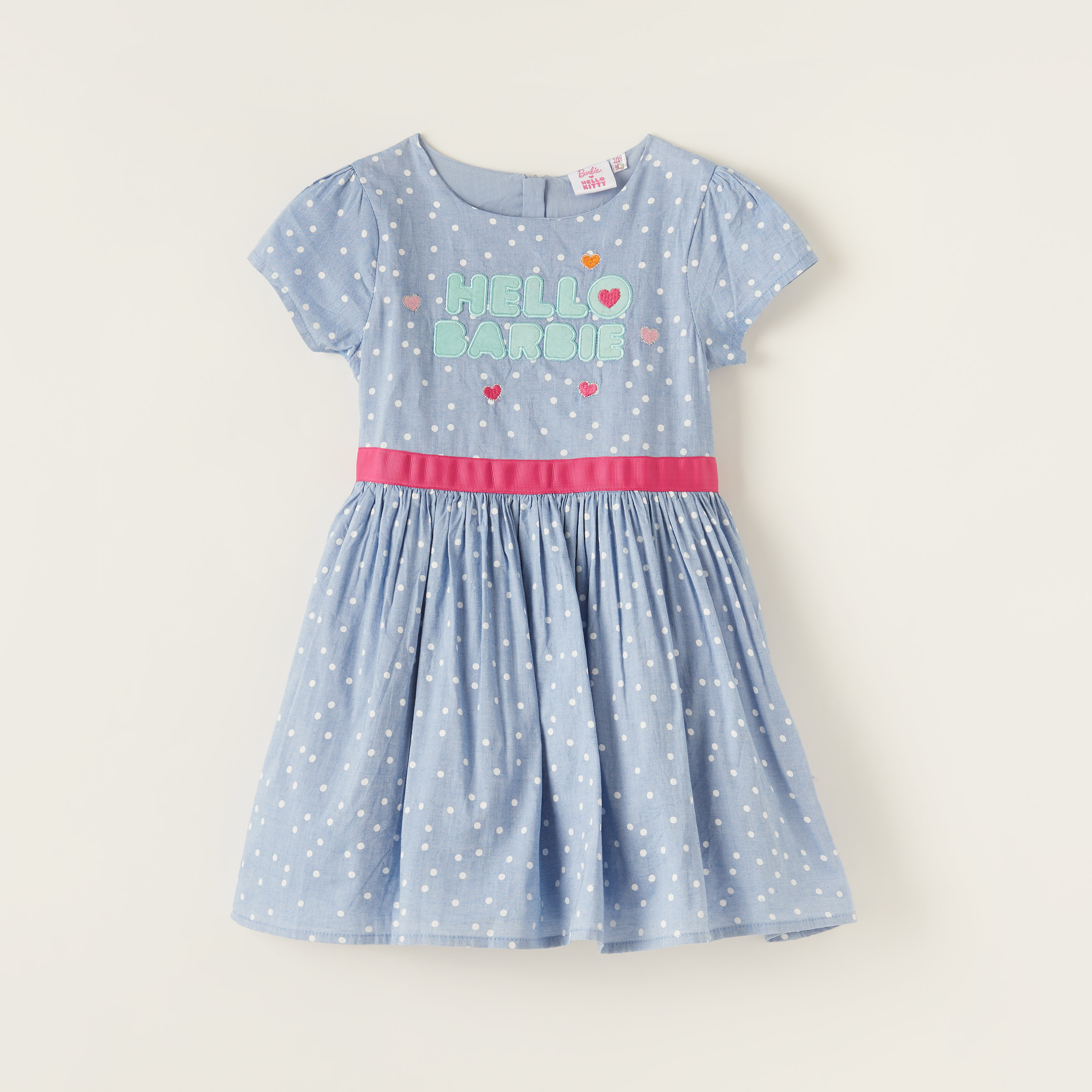 فستان إيه لاين بياقة مستديرة وحزام ربط وطبعات هالو باربي من سانريو-girls-clothing-dressesandjumpsuits-image-1