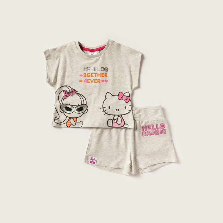 Sanrio Hello Kitty Print Round Neck T-shirt and Shorts Set