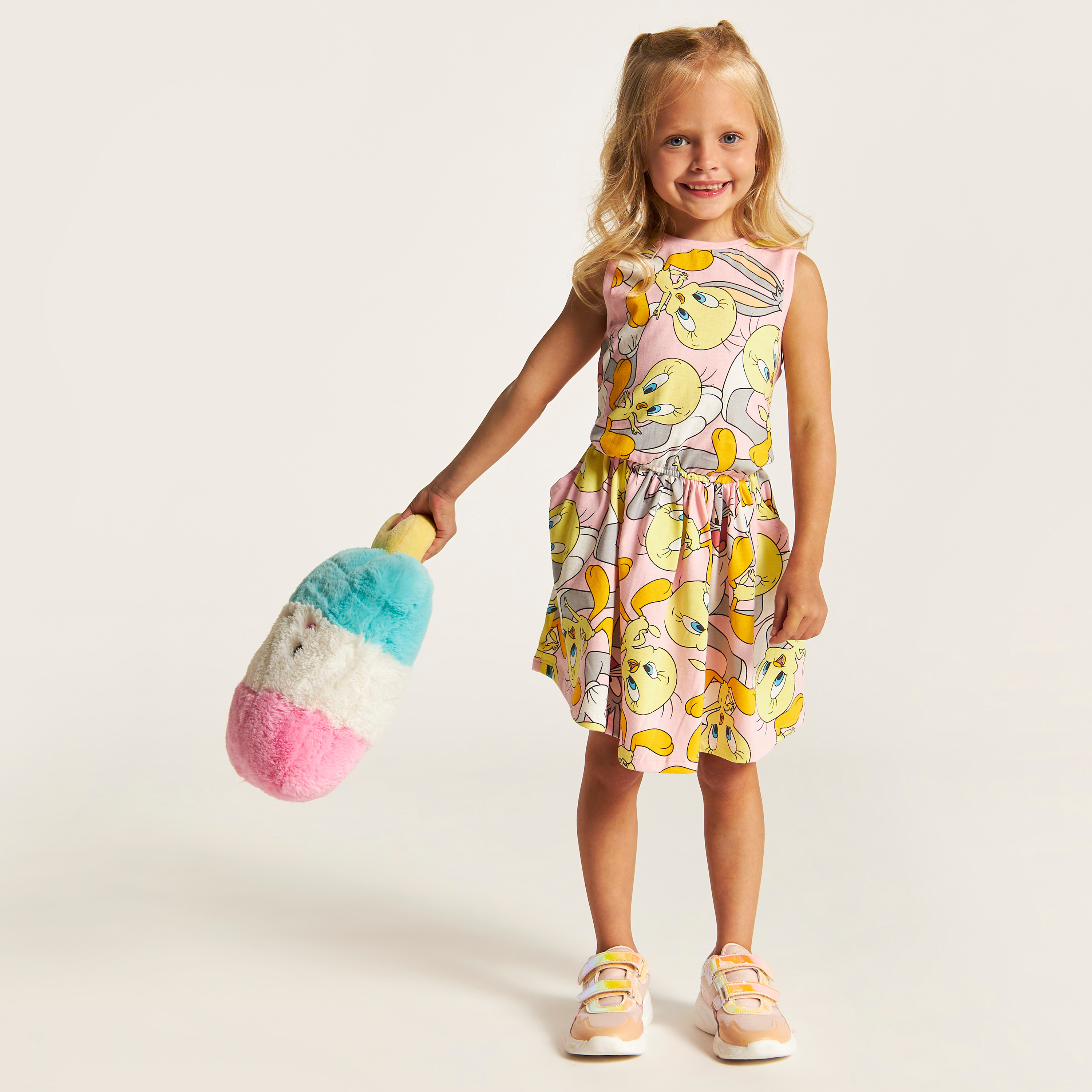 All Over Tweety Print Sleeveless Dress with Pockets-girls-clothing-dressesandjumpsuits-image-1