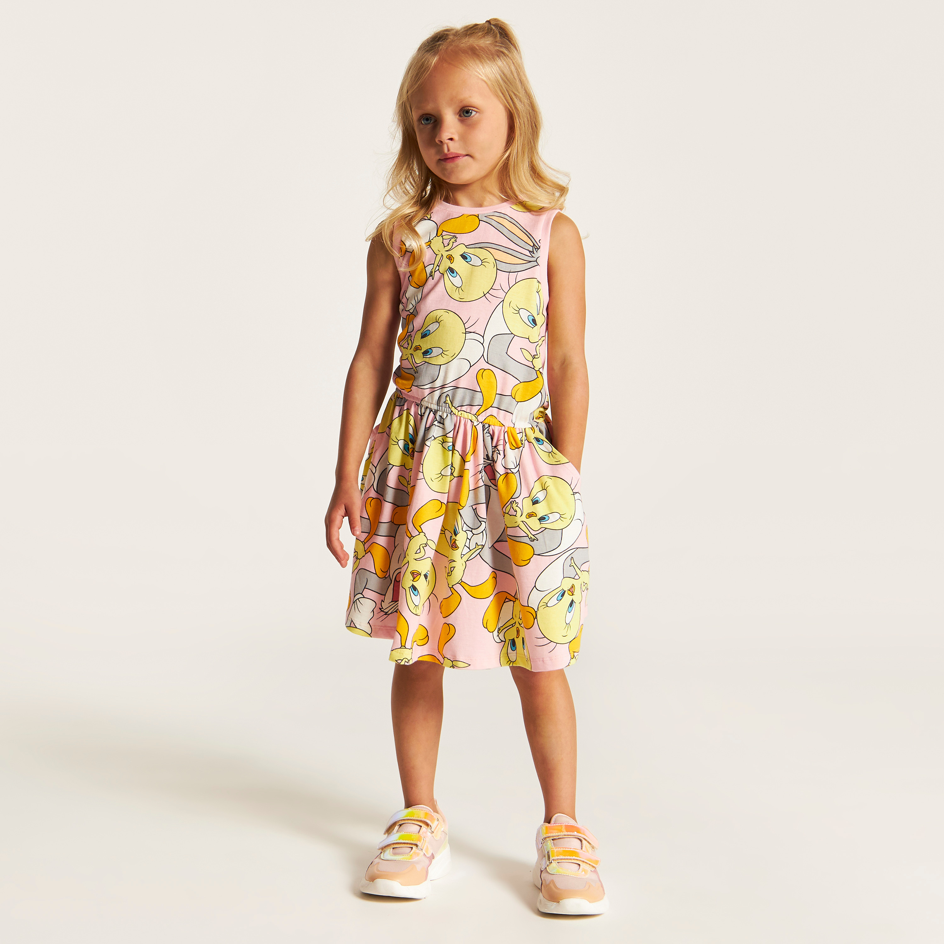 All Over Tweety Print Sleeveless Dress with Pockets-girls-clothing-dressesandjumpsuits-image-2