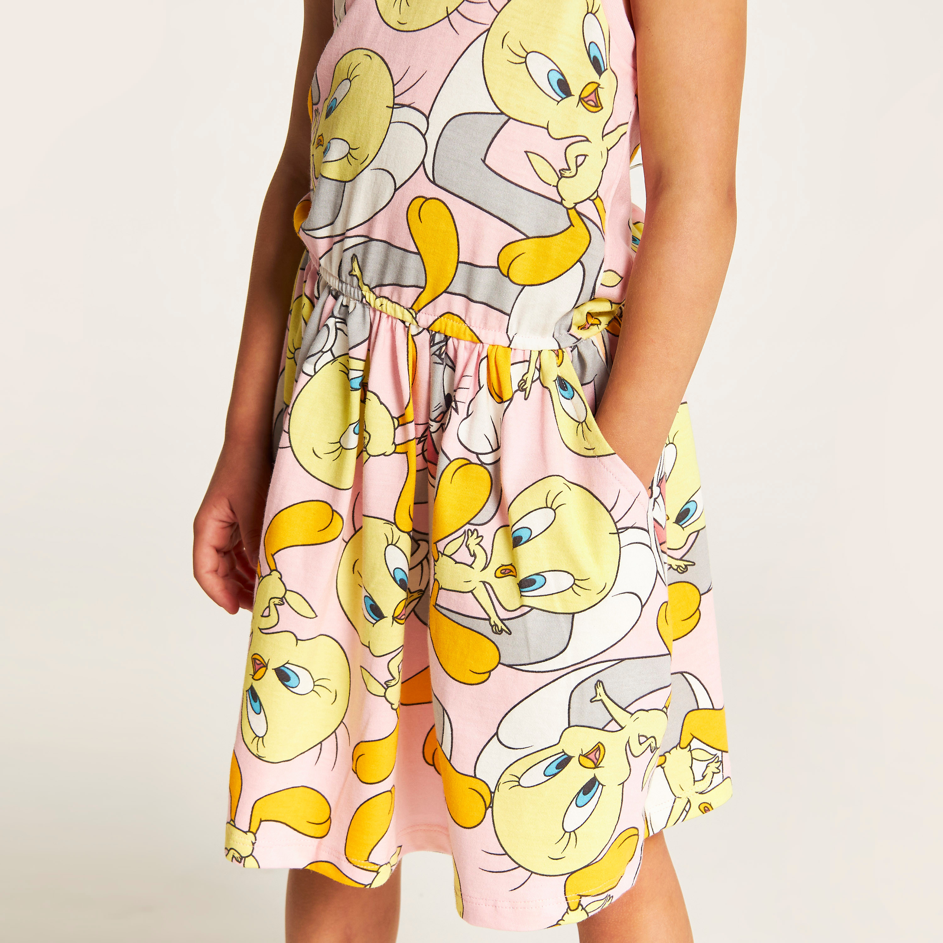 All Over Tweety Print Sleeveless Dress with Pockets-girls-clothing-dressesandjumpsuits-image-3