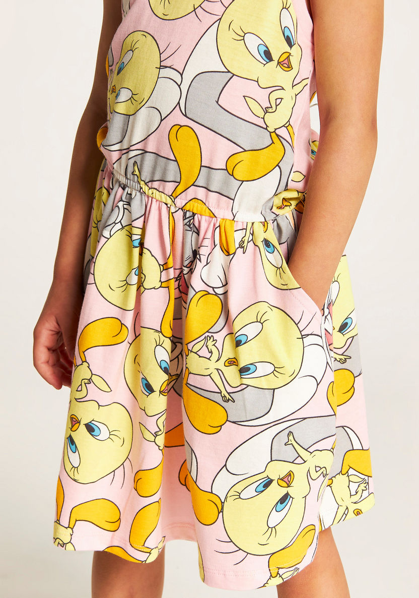 All Over Tweety Print Sleeveless Dress with Pockets-Dresses%2C Gowns and Frocks-image-2
