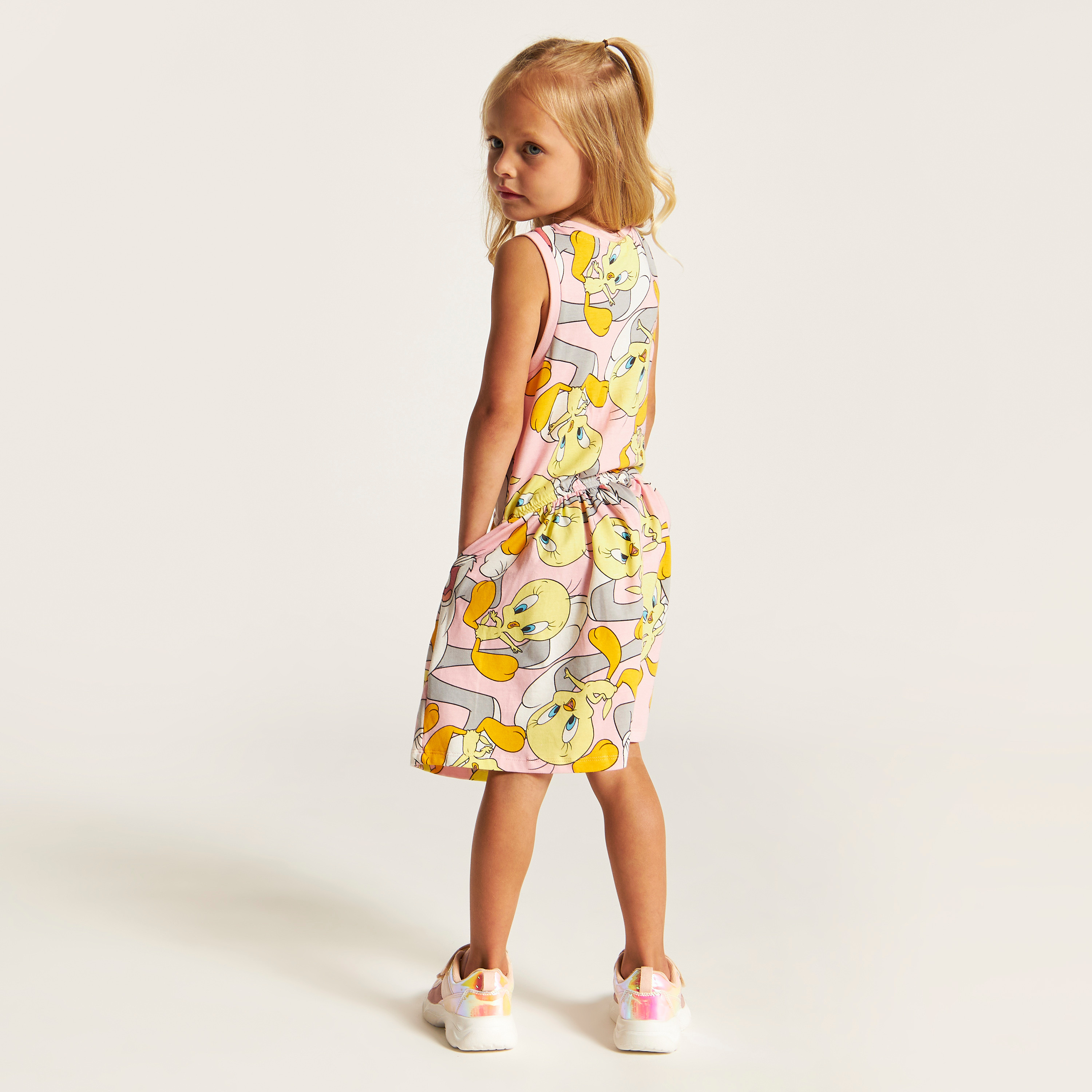 All Over Tweety Print Sleeveless Dress with Pockets-girls-clothing-dressesandjumpsuits-image-4