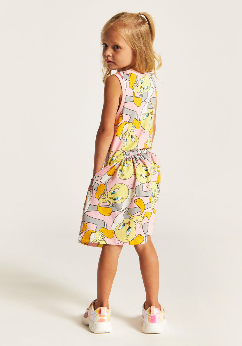 All Over Tweety Print Sleeveless Dress with Pockets-Dresses%2C Gowns and Frocks-image-3