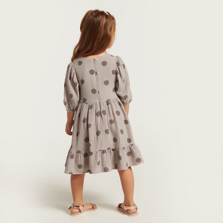 All-Over Polka Dot Print Dress with Short Sleeves