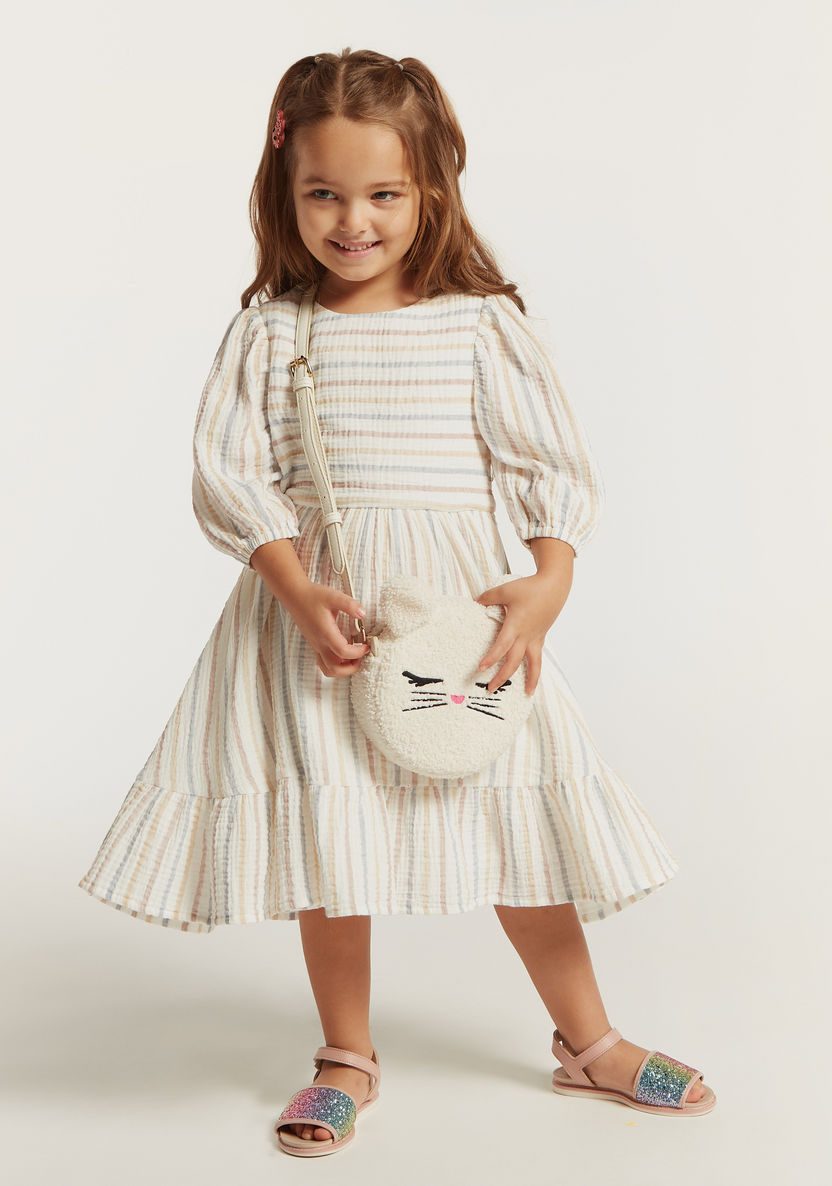 Striped Tiered Dress with Three Quarter Sleeves-Dresses%2C Gowns and Frocks-image-0