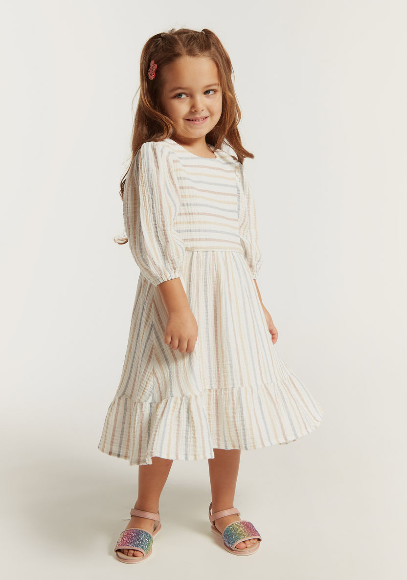 Striped Tiered Dress with Three Quarter Sleeves-Dresses%2C Gowns and Frocks-image-1