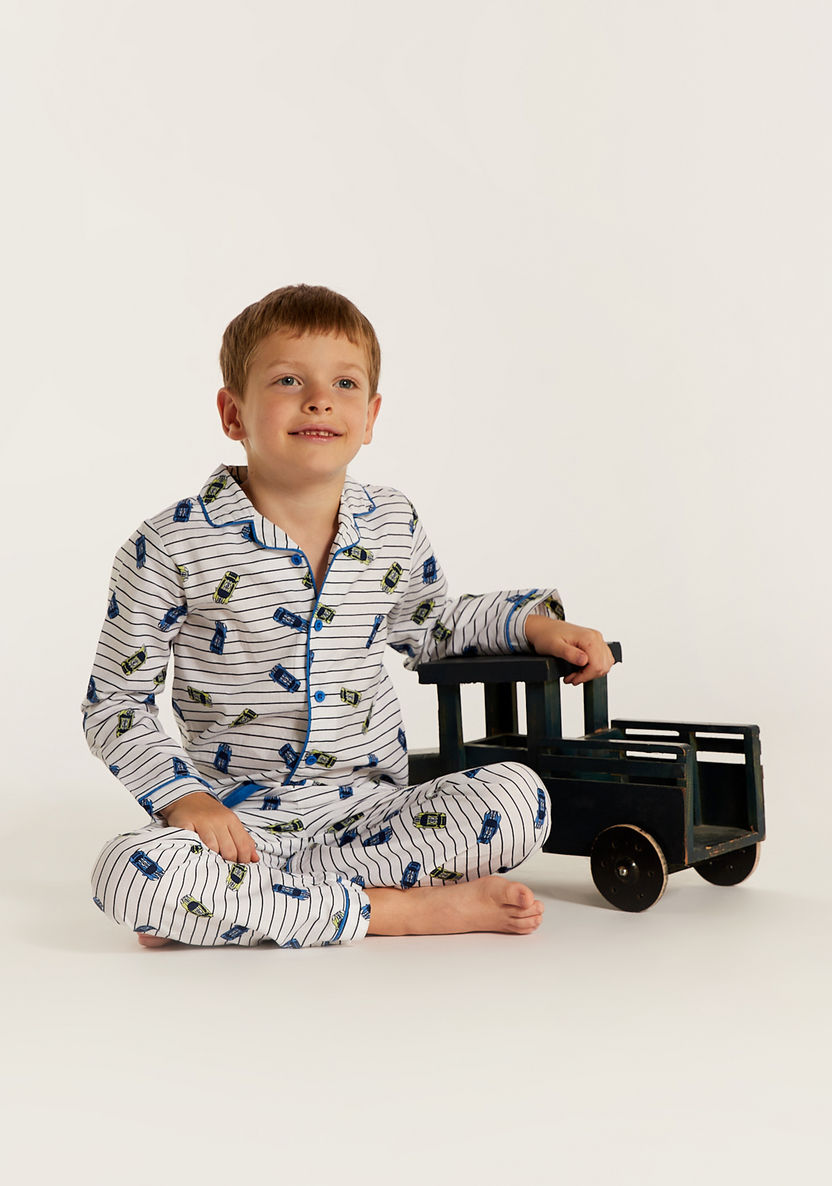 Juniors Car Print Shirt and Full Length Printed Pyjama Set-Nightwear-image-0