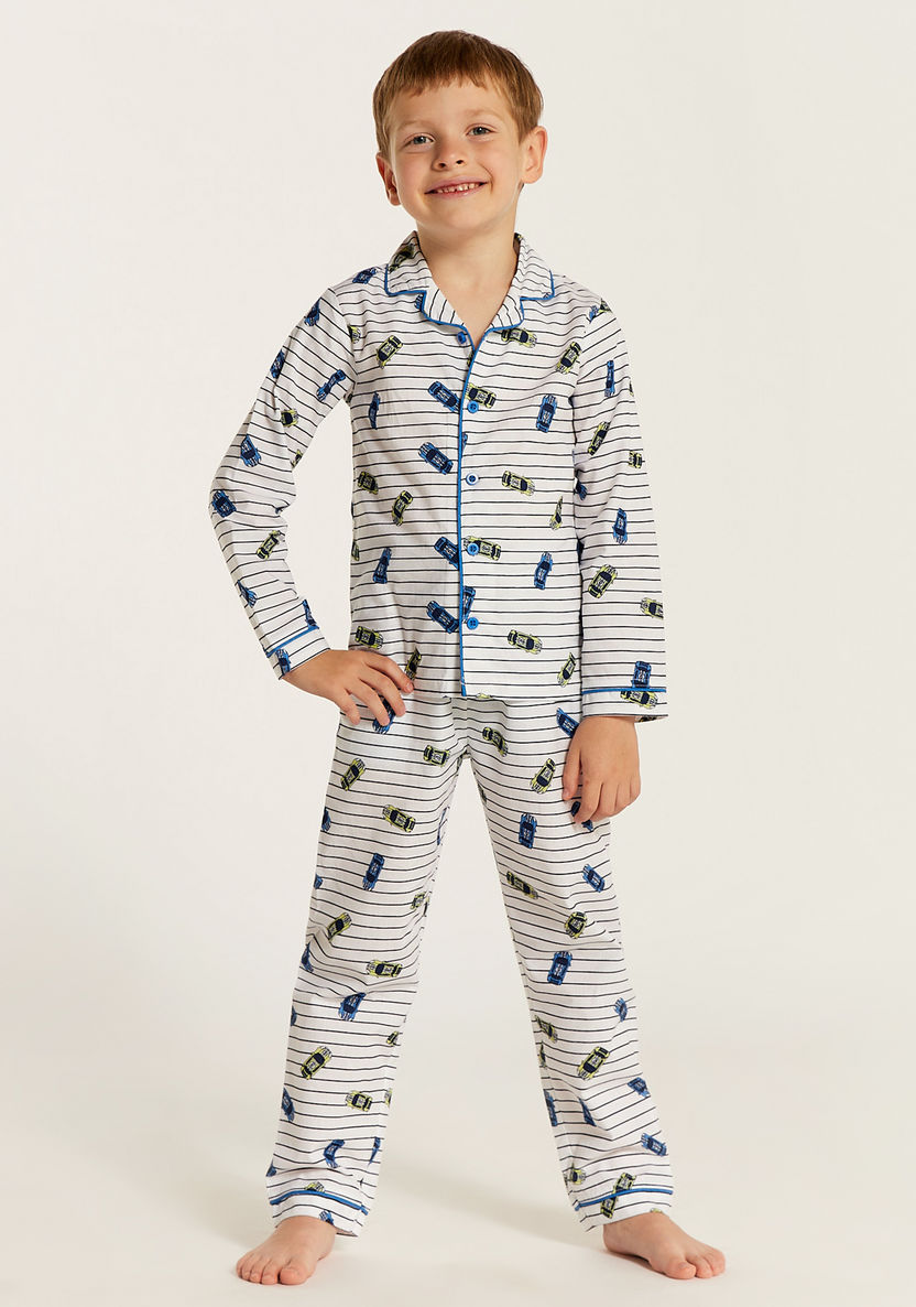 Juniors Car Print Shirt and Full Length Printed Pyjama Set-Nightwear-image-1